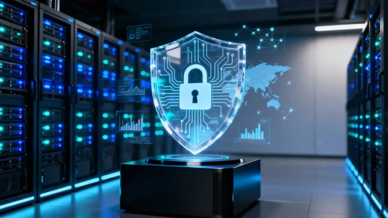 Cyber security illustration showing data protection, cloud security, and threat prevention in a digital environment.