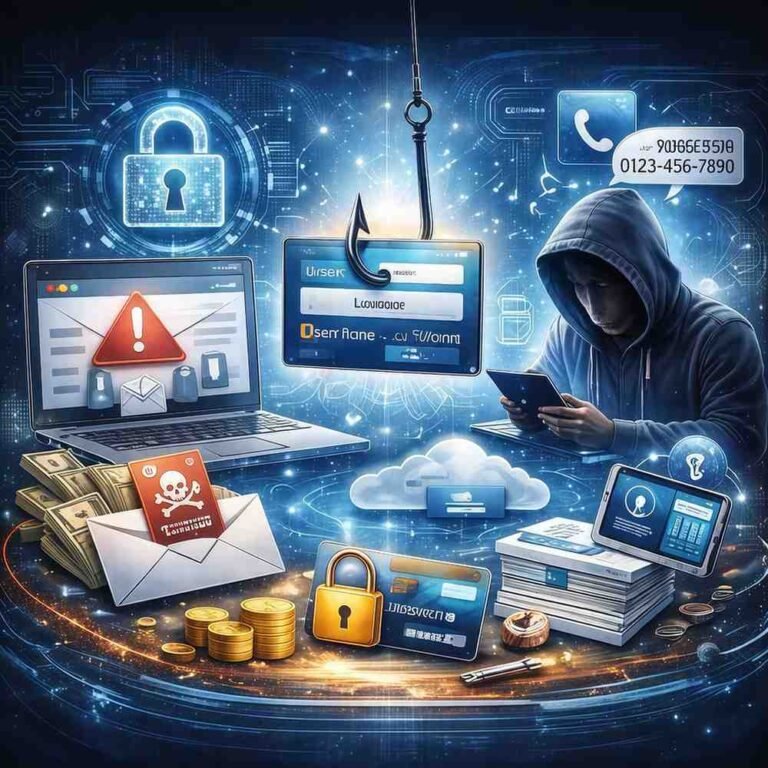 Illustration showing a phishing cyber attack with a hacker stealing login credentials, emails, cloud data, and financial information in a digital cybersecurity environment.
