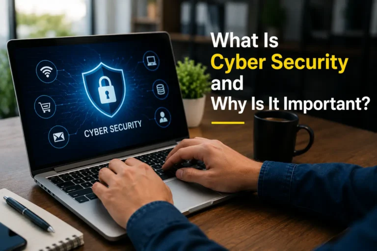 Cyber security concept showing a laptop with security protection on the screen.