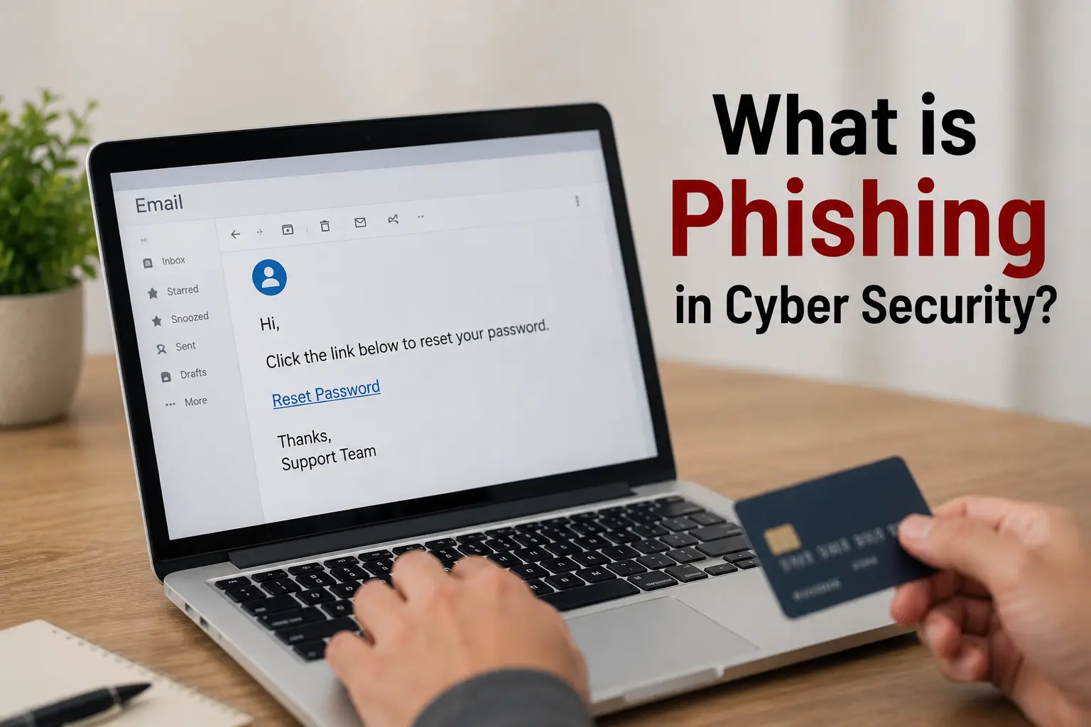 Phishing email attack example in cyber security shown on a laptop screen.