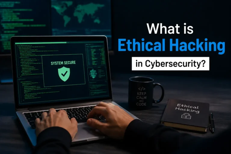 Ethical hacker testing system security on a laptop in a cybersecurity environment.