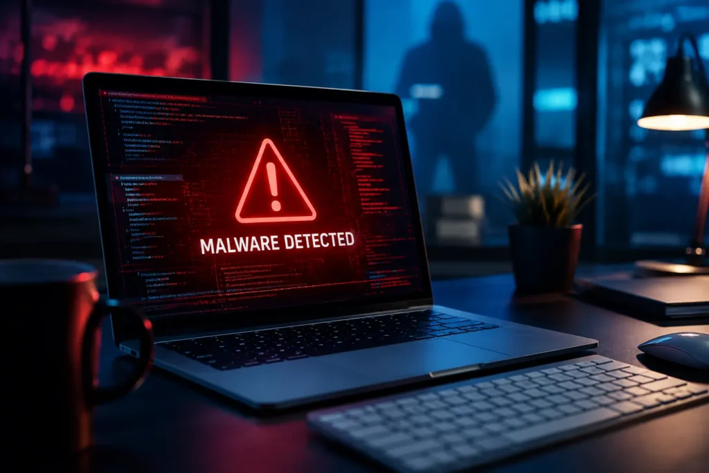 A realistic dark-themed workspace with a laptop