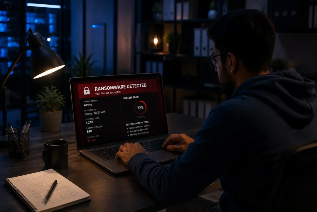 Cybersecurity expert analyzing a ransomware attack on a laptop in a modern office to detect and respond to cyber threats.