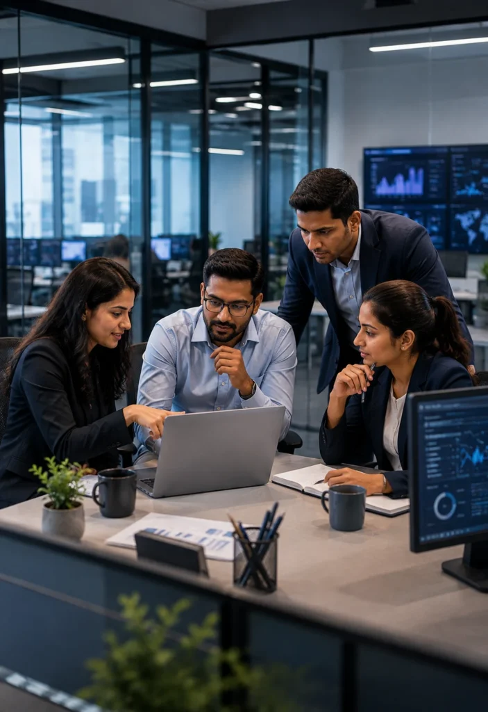 Experienced IT professionals collaborating on technology solutions in a modern office