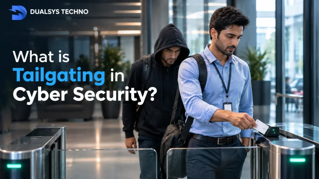 An unauthorized person in a black hoodie closely following an authorized employee scanning an ID card at an office access gate, illustrating tailgating in cybersecurity